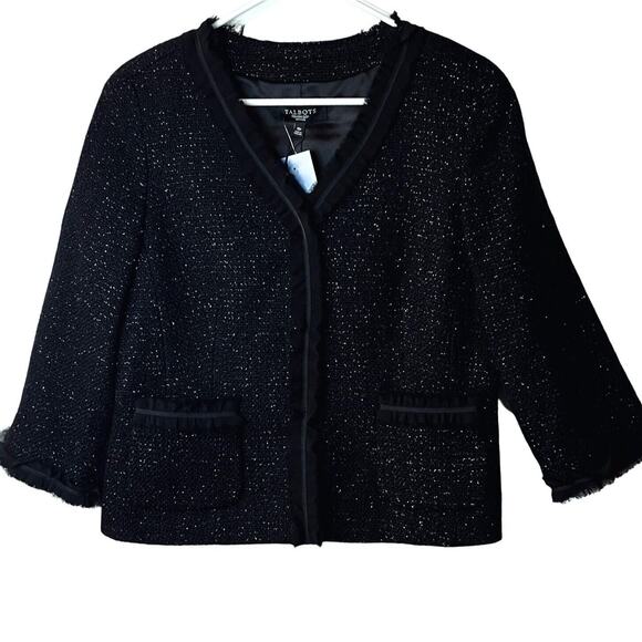 Talbots Sweater Womens Size 10P Black Silver Wool Lined Ruffled Trim Grace NWT - Picture 1 of 10